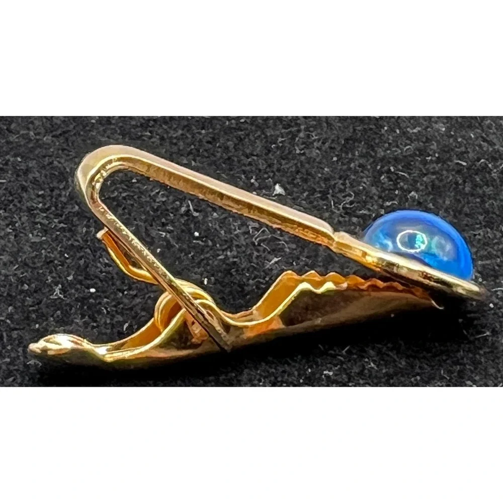 Vintage Men's Gold Tone Tie Clip Blue‎ Glass Cabochon Spring Clasp